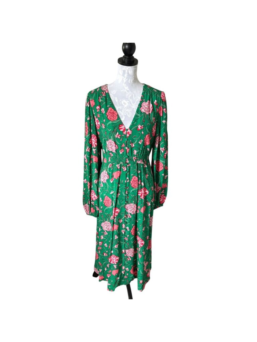 BODEN Cynthia Button Tea Dress Green Womens Size 12 Regular EUC